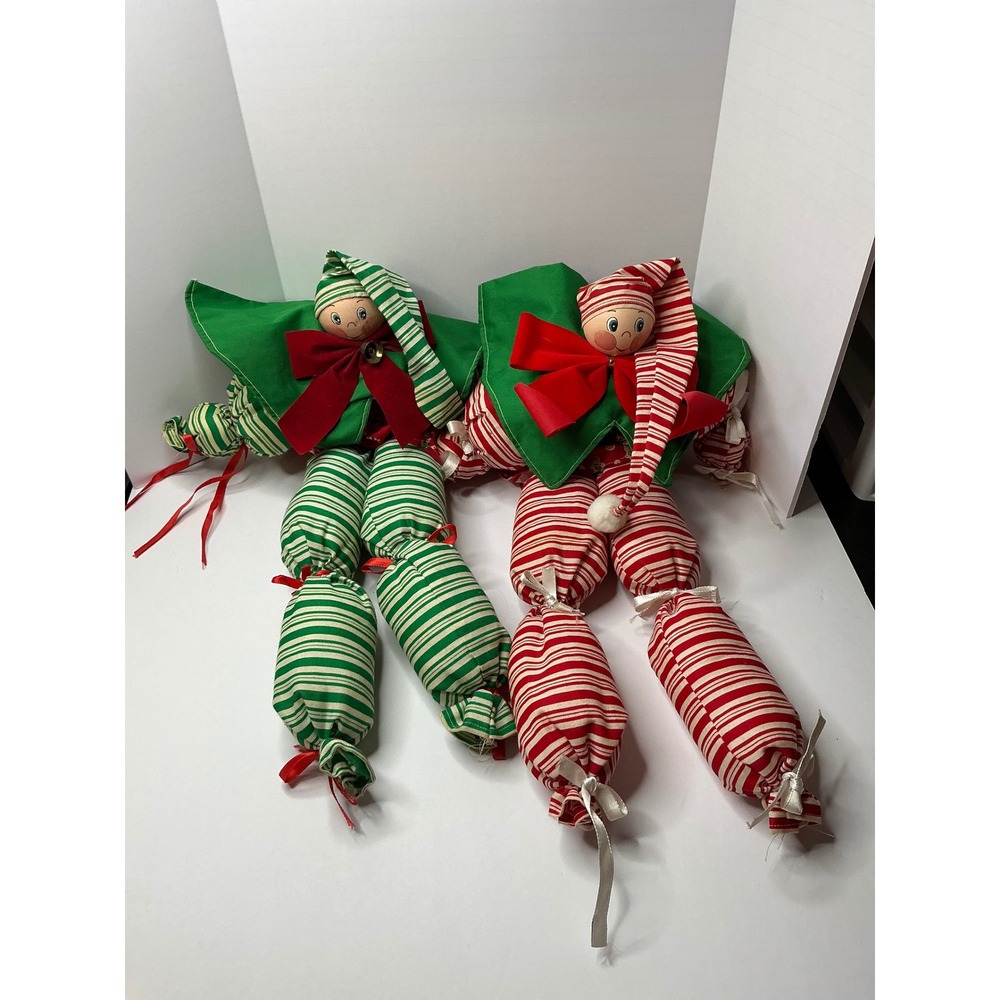 Vintage Christmas Elf Candy Cane Doll Holiday Decor Shelf Sitters Set‎